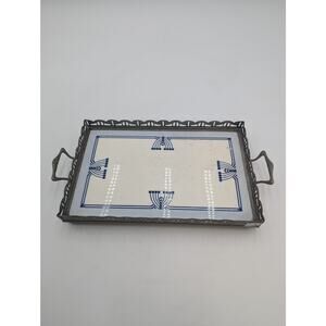 Wachtersbach Art Nouveau Jugendstil Blue and White Ceramic and Nickel Tray